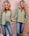 Elegant in Olive Stripes + Floral Embroidery Blouse