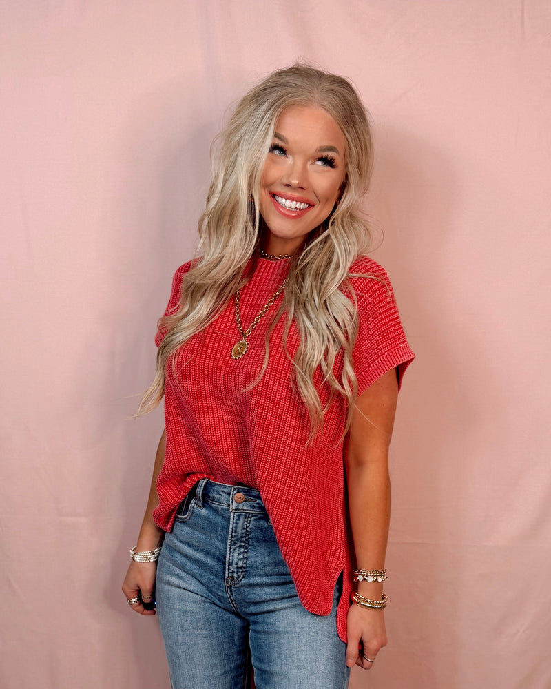 Main Character Mock Neck Knit Top - Red