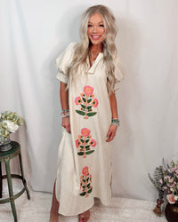 Soft Blooms Striped Floral Printed Maxi Dress - Taupe