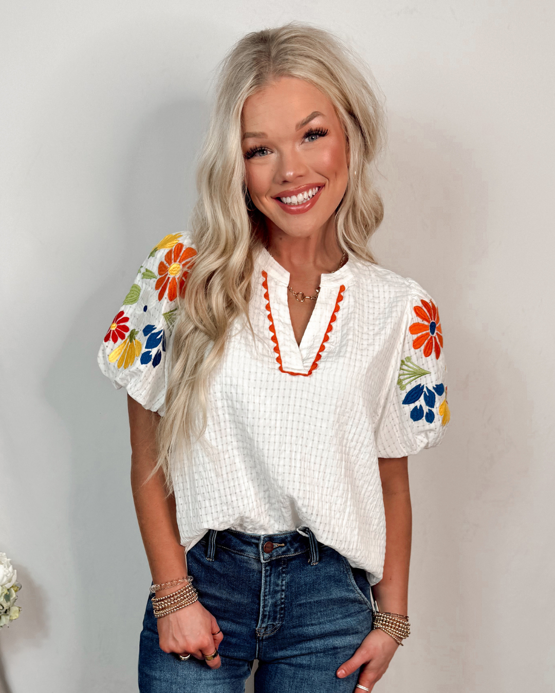 Sunshine Stitch Gingham Embroidered Sleeve Top - White