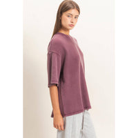 Monday Morning Mineral Wash Ribbed Crew Neck Short Sleeve Basic Blouse in Dark Cherry