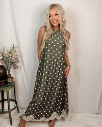 Pretty in Polka Printed Halter Neck Maxi Dress w/ Lace Trim - Olive