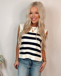 On the Marina Striped Kit Top w/ Gold Buttons - Navy