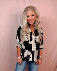 Ivory Noir Floral Printed Top - Black