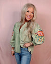 Elegant in Olive Stripes + Floral Embroidery Blouse