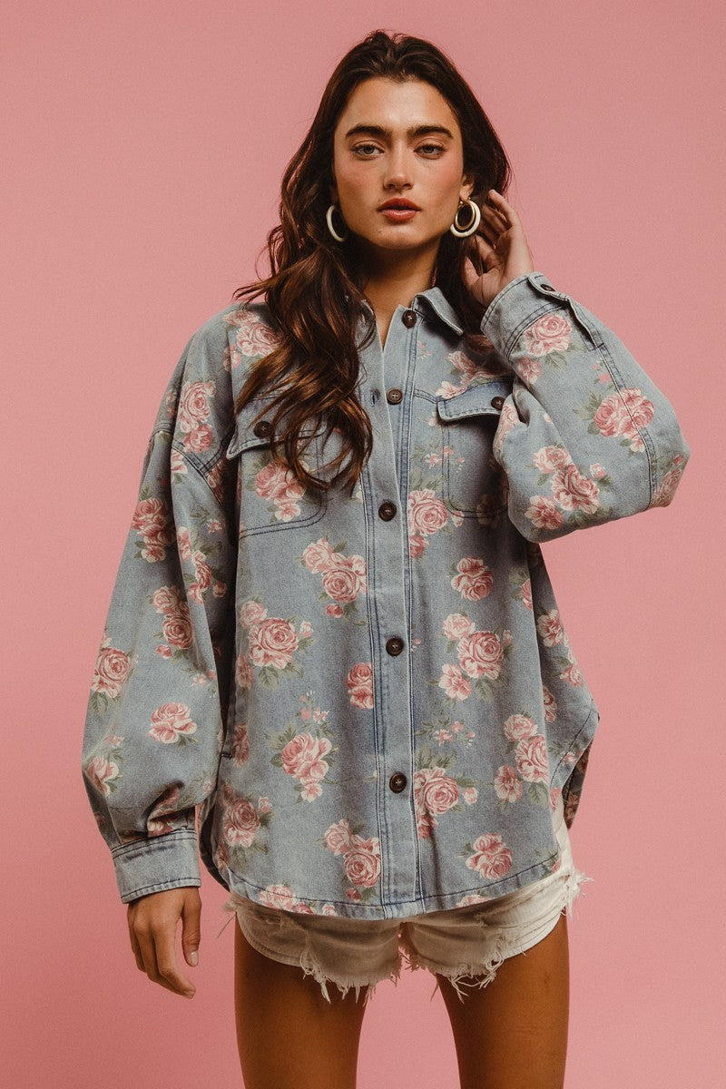 Vintage Vines Floral Print Denim Shacket