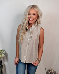 Simple In Stripes Frill Ruffle Detail Sleeveless Blouse in Taupe