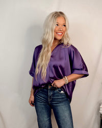 Sweet Serenity Satin V Neck Blouse - Purple