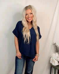 Timeless Touch V Neck Drop Sleeve Top - Indigo Navy
