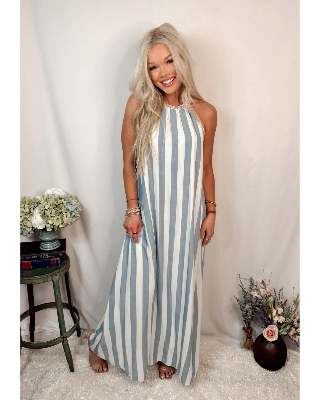 Barefoot Stripe Halter Neck Dress - Blue