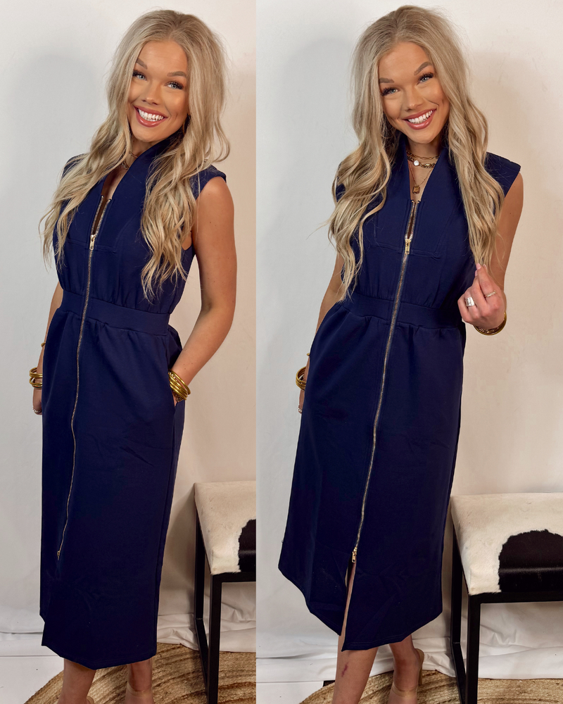 Easy & Effortless Zip Up Midi Dress - Navy