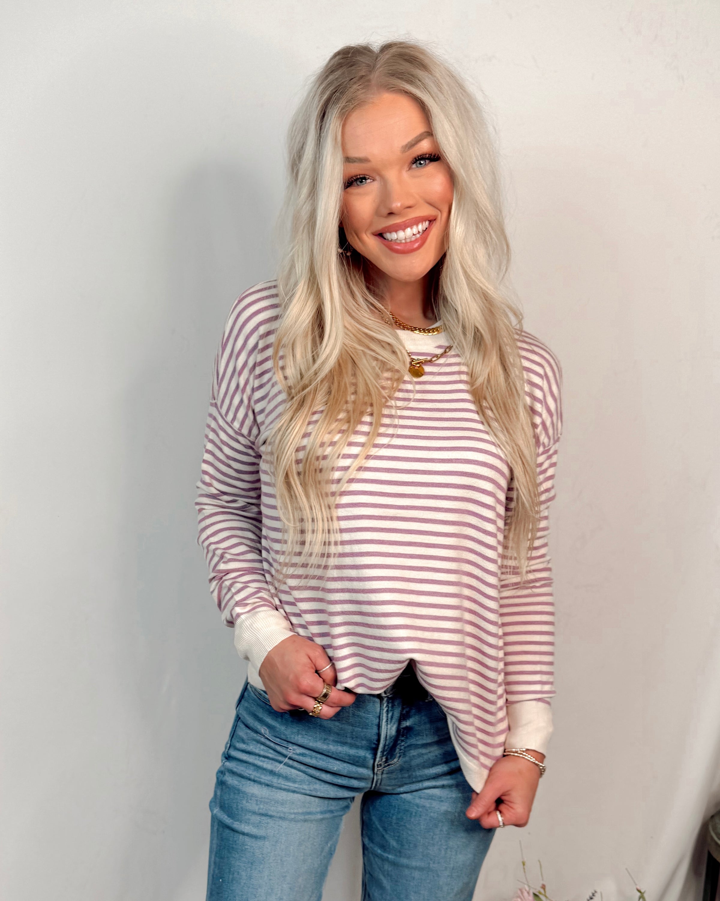 Lavender Latte Crew Neck Striped Knit Sweater