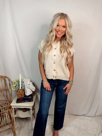 Sandy Shores Button Up Knit Short Sleeve Sweater / Top - Cream