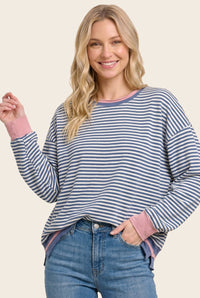 Favorite Find Striped Raw Edge Long Sleeve Top - Blue