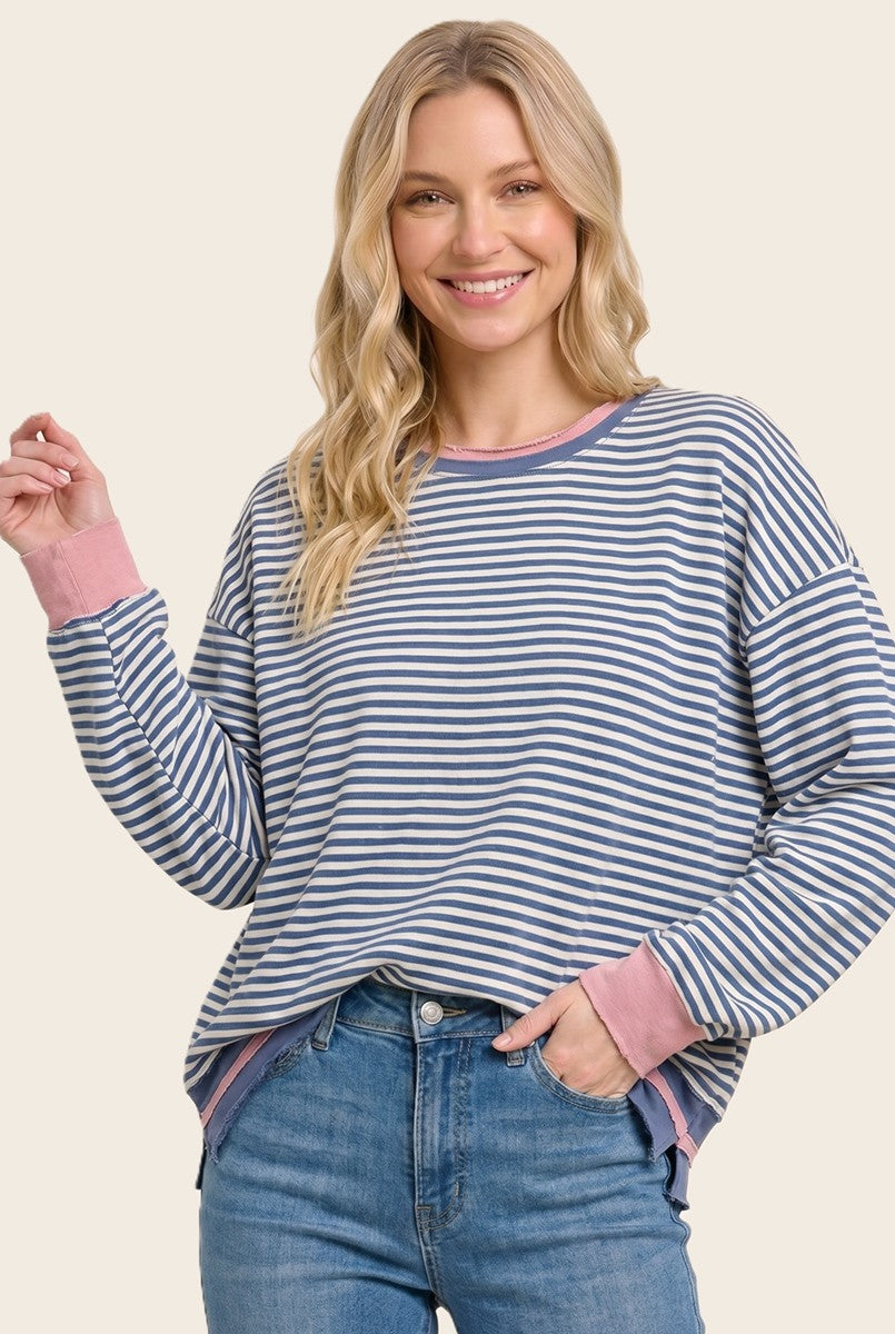 Favorite Find Striped Raw Edge Long Sleeve Top - Blue