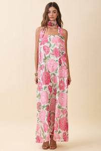 Rose Garden Party Floral Strapless Dress with Scarf