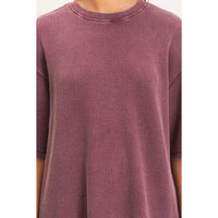 Monday Morning Mineral Wash Ribbed Crew Neck Short Sleeve Basic Blouse in Dark Cherry