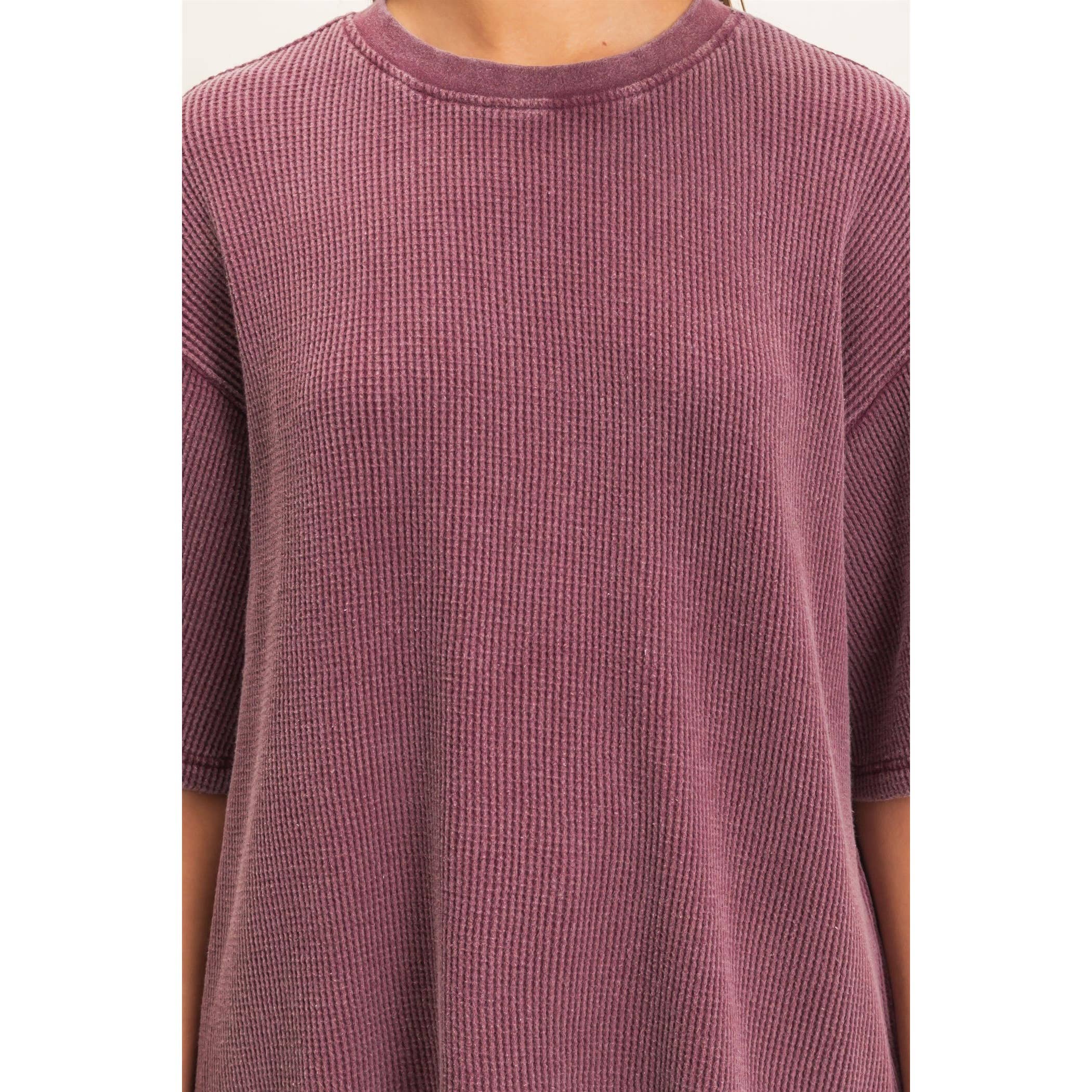 Monday Morning Mineral Wash Ribbed Crew Neck Short Sleeve Basic Blouse in Dark Cherry