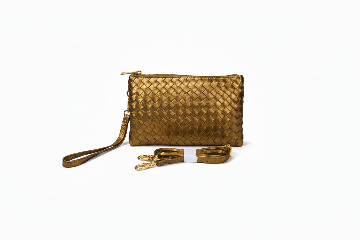 Woven clutch bag with a strap on a white background