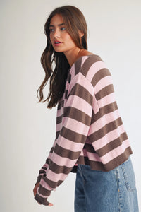 Luxe Chocolate Blush Striped Boat Neck Knit Sweater Blouse