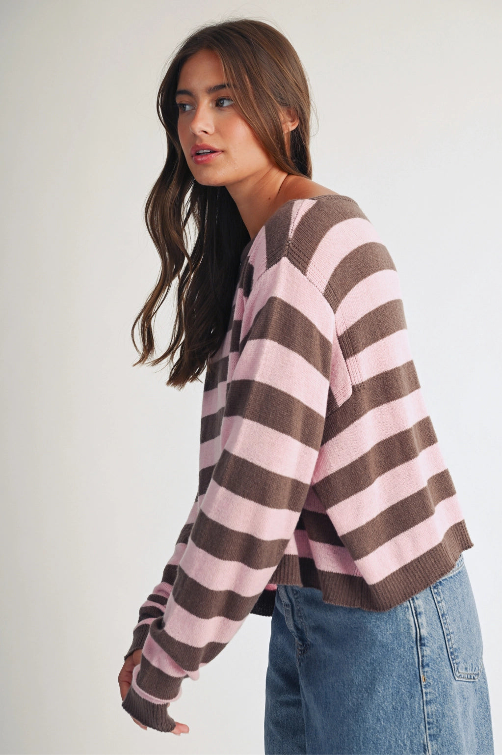 Luxe Chocolate Blush Striped Boat Neck Knit Sweater Blouse