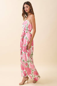 Rose Garden Party Floral Strapless Dress with Scarf