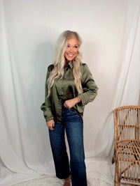 Closet Staple Crinkle Satin Long Sleeve Button Up Blouse - Olive Green