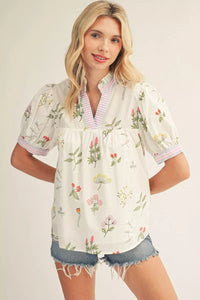 Magnolia Meadow V Neck Floral Detailed Blouse