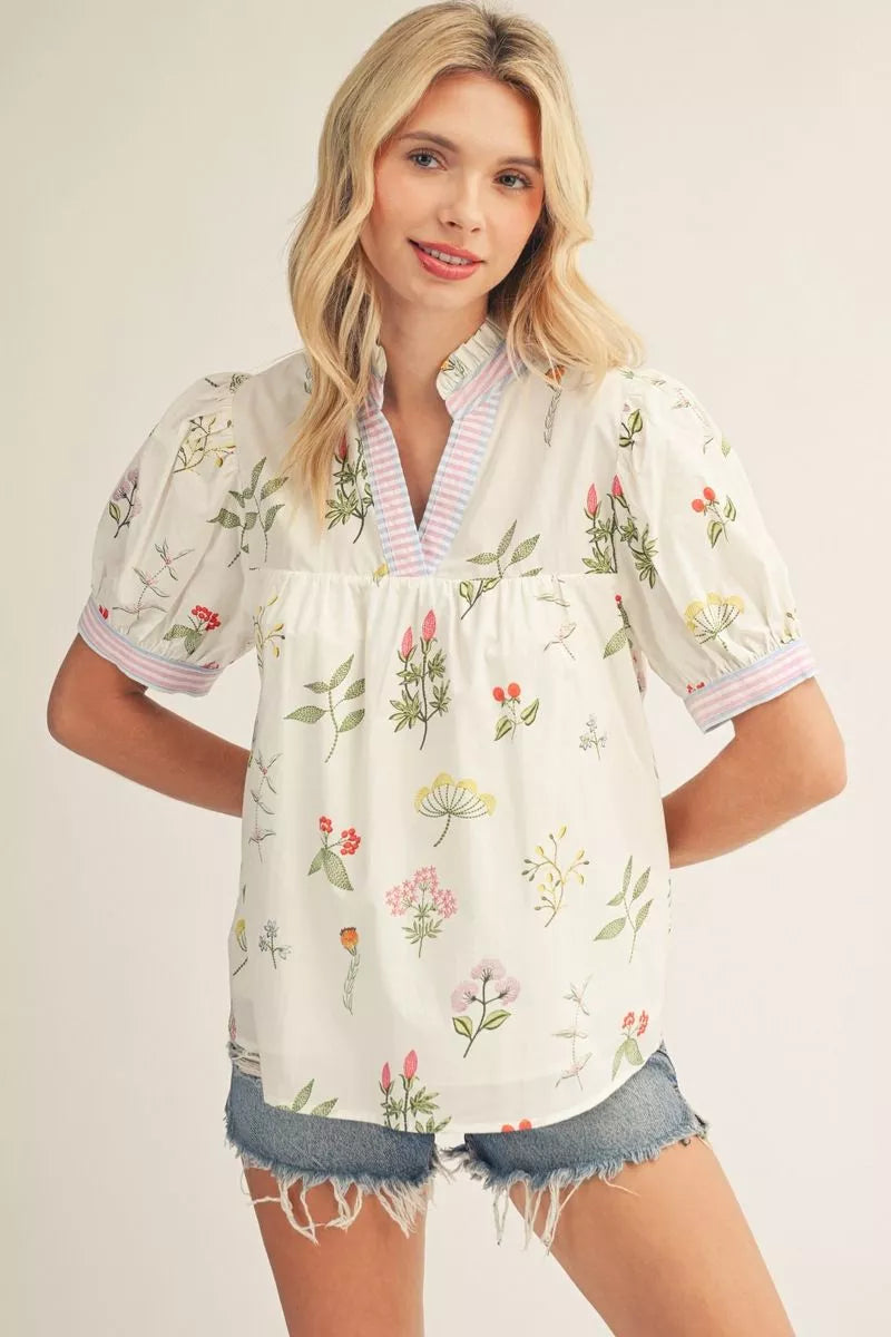 Magnolia Meadow V Neck Floral Detailed Blouse