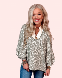 Garden Of Green Printed Detailed Collared Blouse