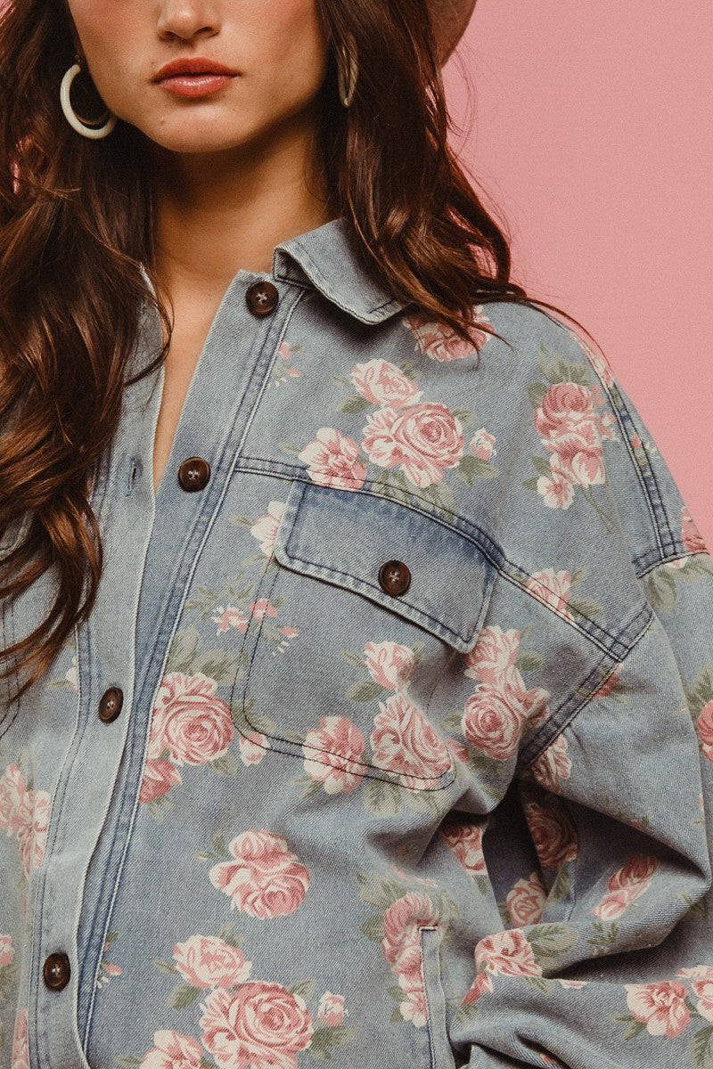 Vintage Vines Floral Print Denim Shacket