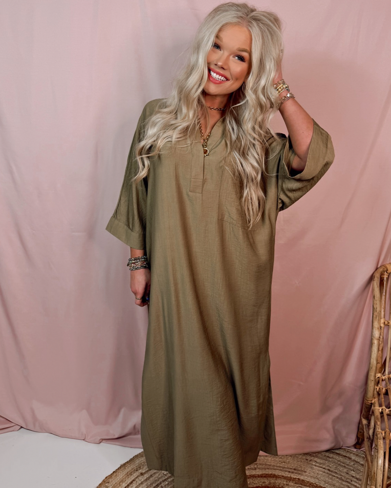 Effortlessly Poise Collared Midi Dress - Olive