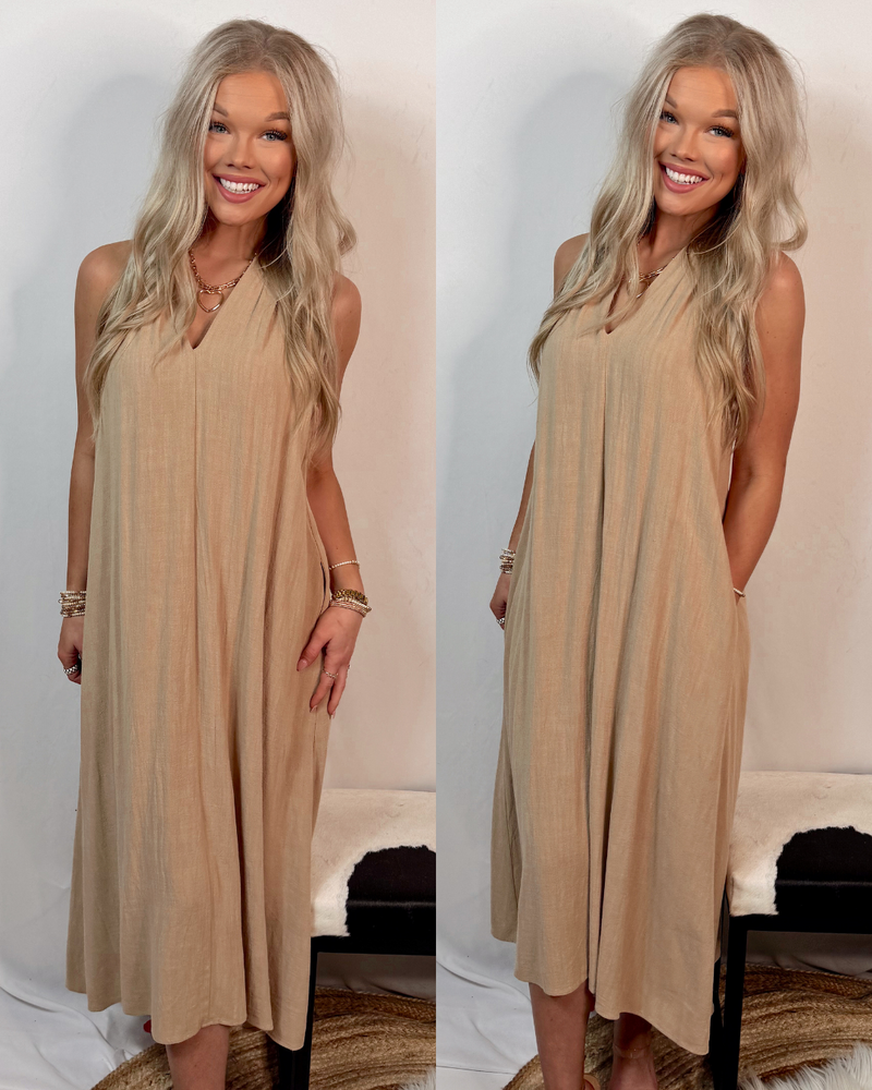 Gone To Greece Beige Woven  Halter Neck Dress with Pockets