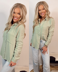 Upscale Long Sleeve Button Up Top - Sage