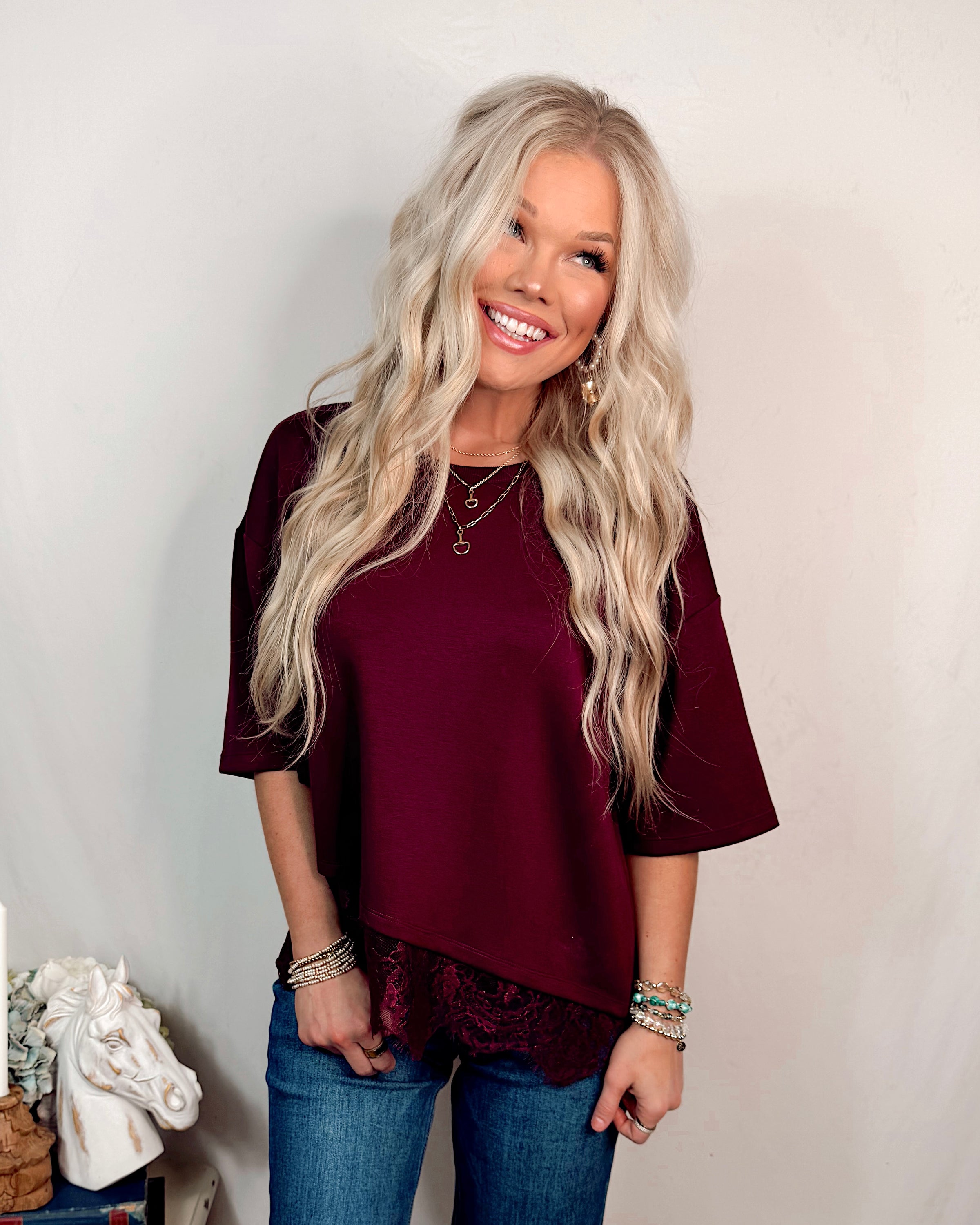 Legacy & Lace Scallop Detailed Blouse in Maroon