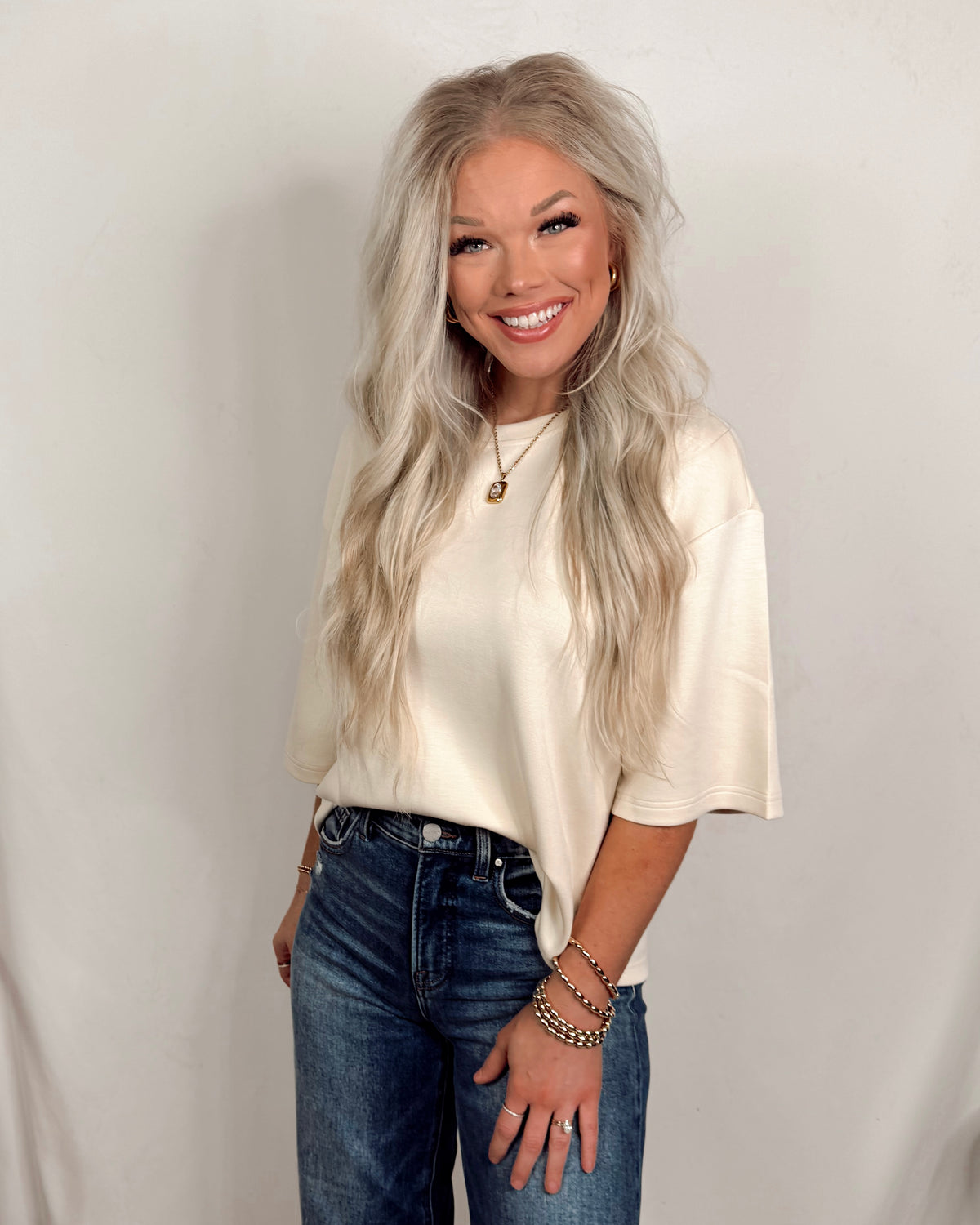 Basic Babe Loose Fit Crew Neck Short Sleeve Top - Cream