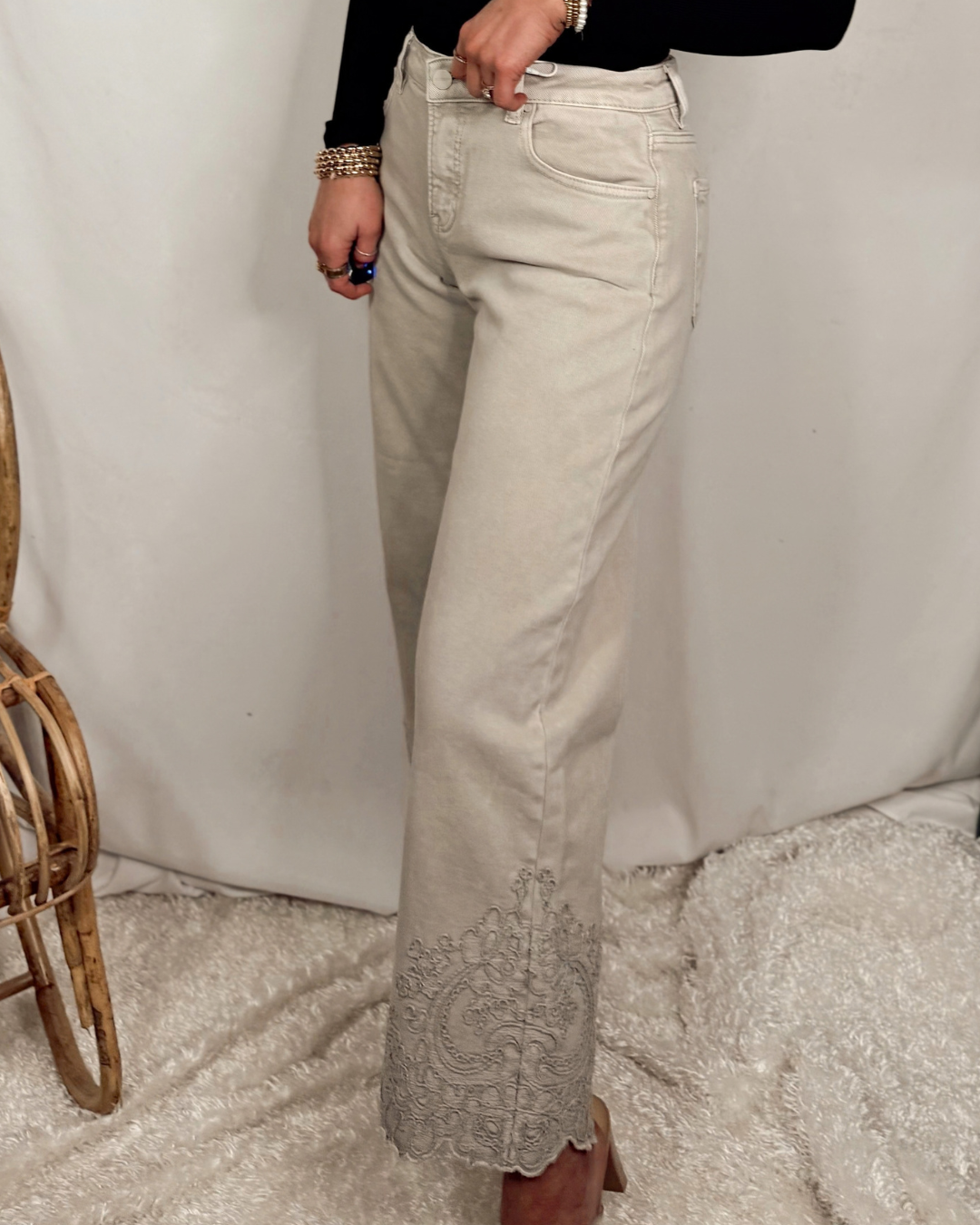 Lady May Lace Embroidered Hem Crop Jeans