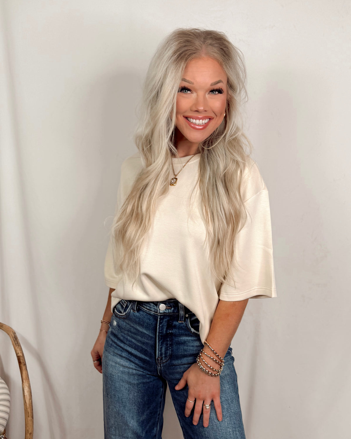 Basic Babe Loose Fit Crew Neck Short Sleeve Top - Cream