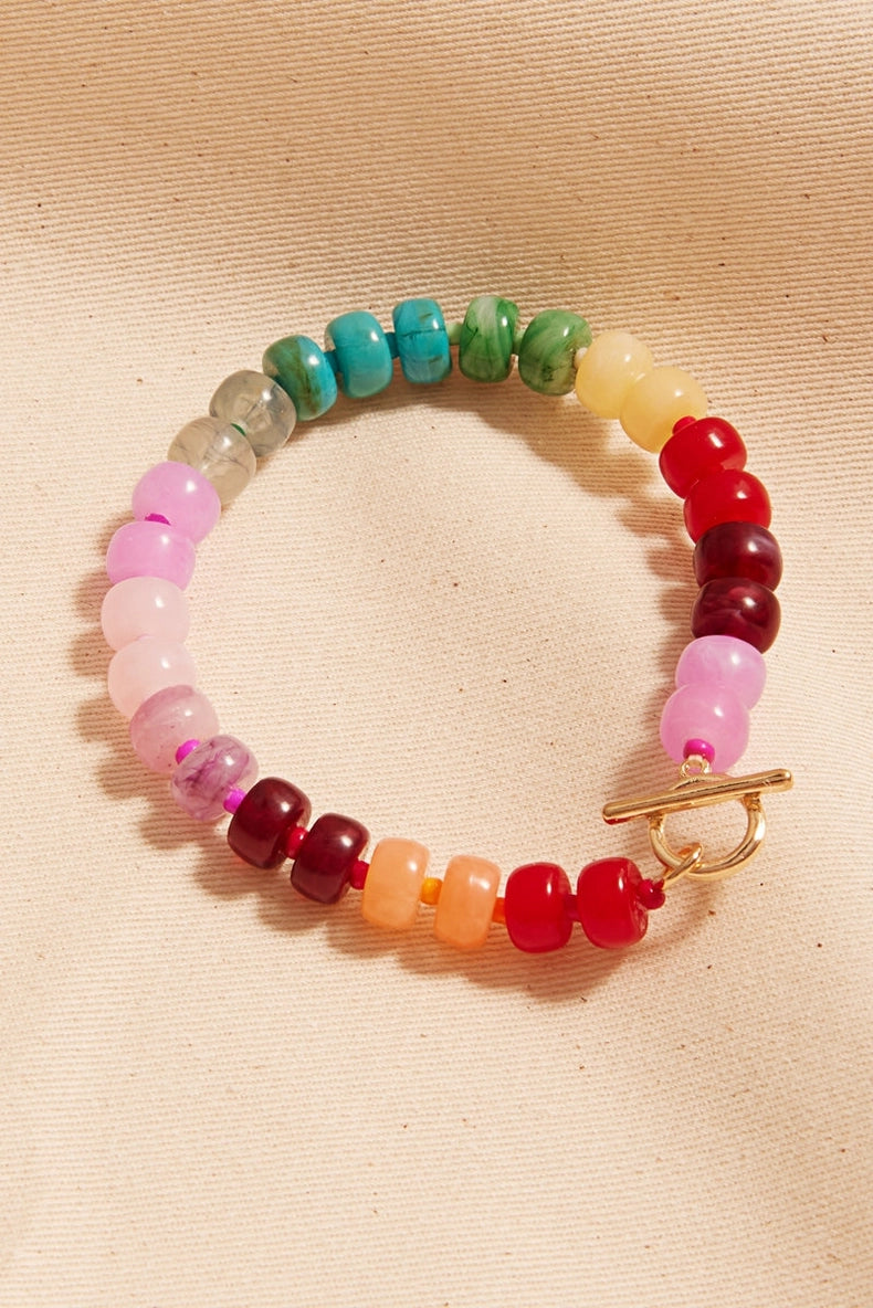 Flat Round Resin Bead Ombre Mixed Stretch Bracelet- Turquoise/Pink Mix