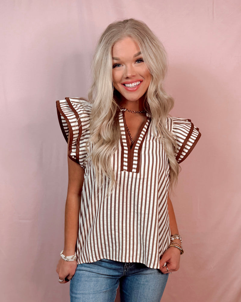 Savannah Striped Ruffle Sleeved Contrast Blouse - Brown