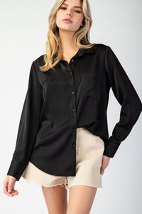 Stylish, Sleek & Satin Staple Everyday Button Up Blouse - Black