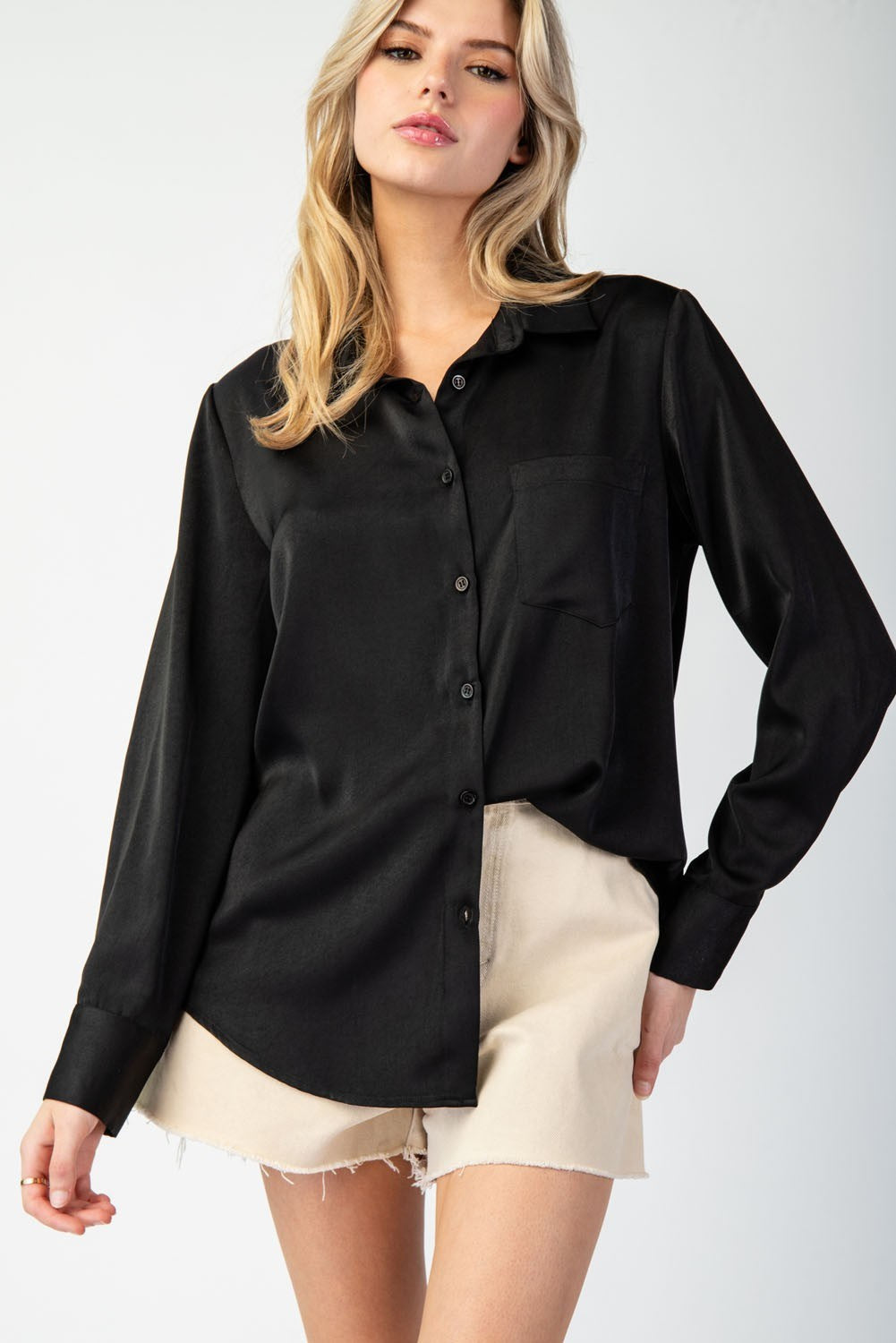 Stylish, Sleek & Satin Staple Everyday Button Up Blouse - Black