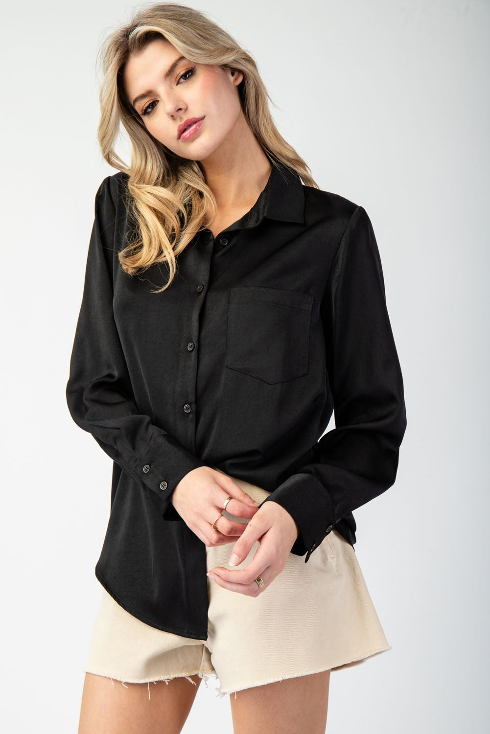 Stylish, Sleek & Satin Staple Everyday Button Up Blouse - Black