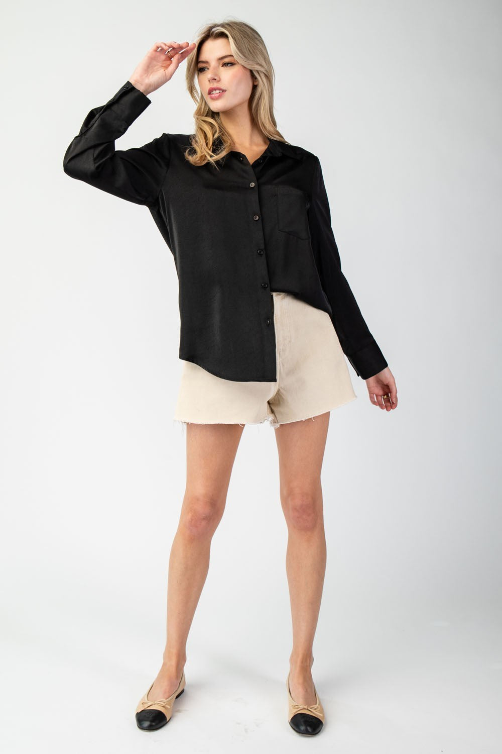Stylish, Sleek & Satin Staple Everyday Button Up Blouse - Black