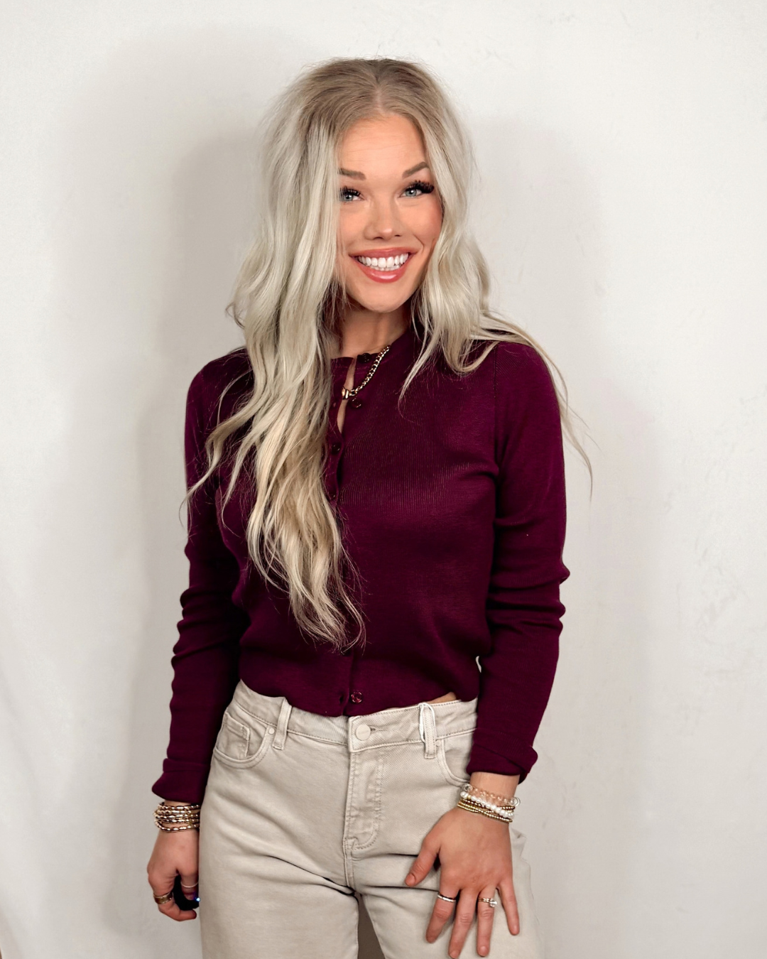 Wine & Dine Button Up Knit Long Sleeve Top - Dark Cherry