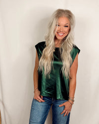 Swank Staple Satin Cap Sleeve Blouse in Emerald Green