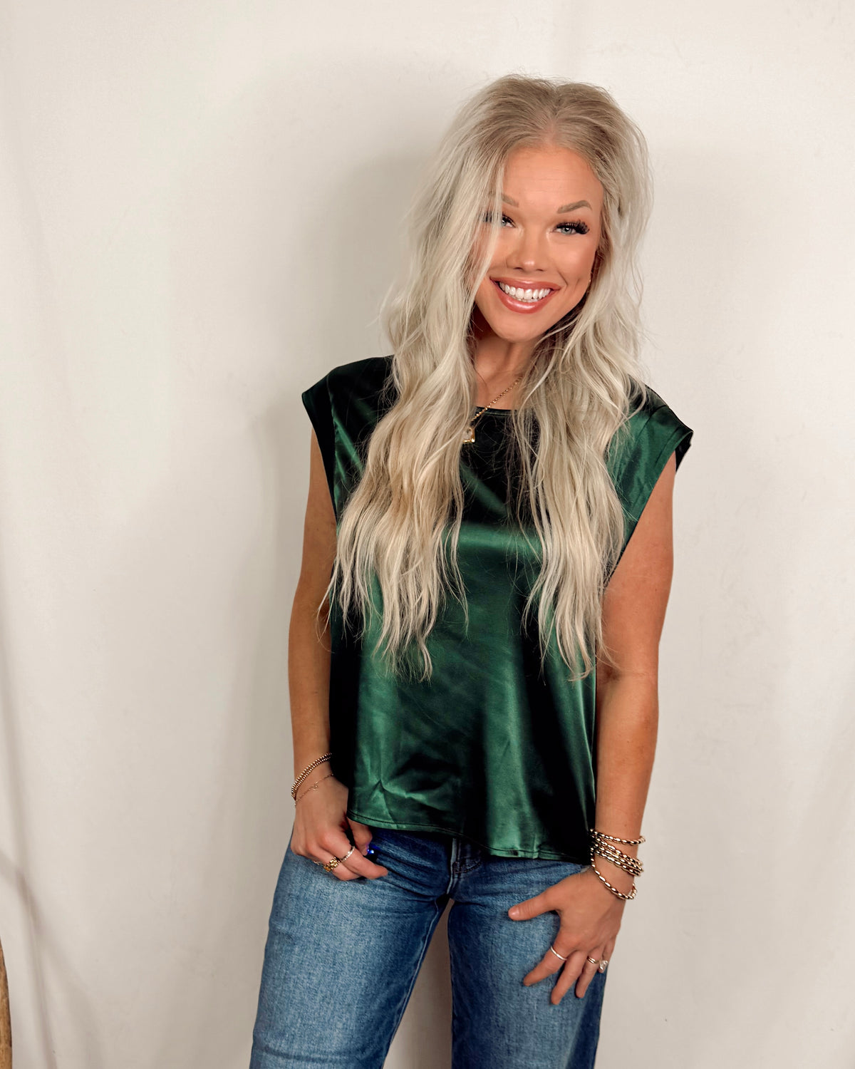 Swank Staple Satin Cap Sleeve Blouse in Emerald Green