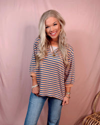 Boardwalk Breeze 3/4 Sleeve Striped Top - Denim and Coral
