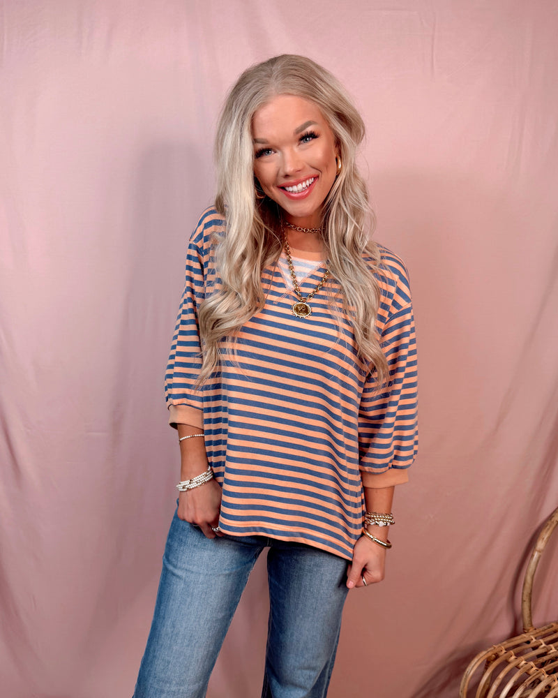 Boardwalk Breeze 3/4 Sleeve Striped Top - Denim and Coral