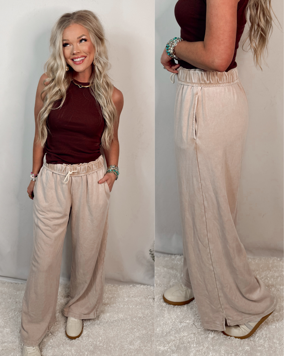 Off-Duty Fold Over Drawstring Wide Leg Lounge Pants - Dark Taupe